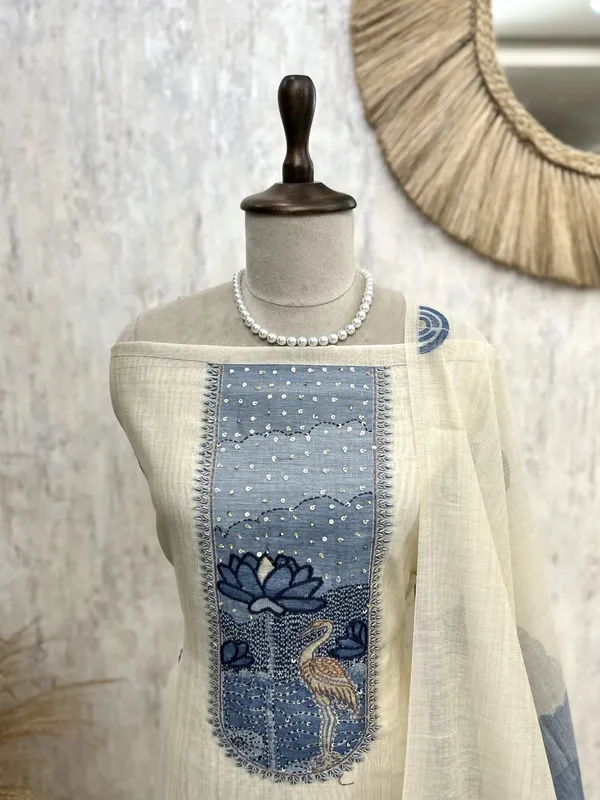 Jamdani_Linen_Unstitched_Suit_Set_With_Sequence_And_Kutdana_Detailing_On_Neckline_Blue