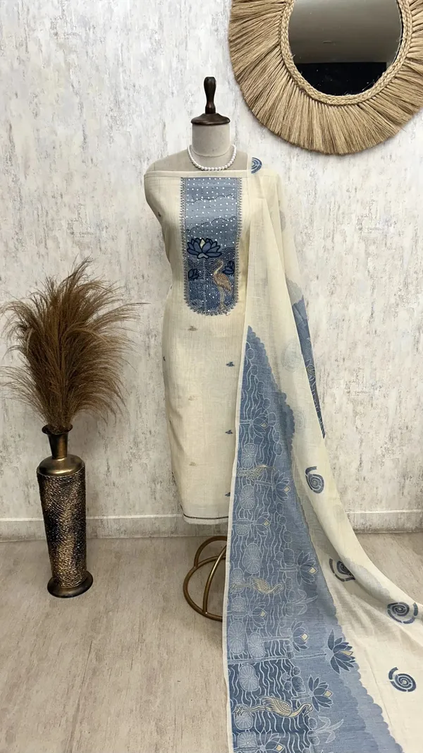 Jamdani_Linen_Unstitched_Suit_Set_With_Sequence_And_Kutdana_Detailing_On_Neckline_Blue