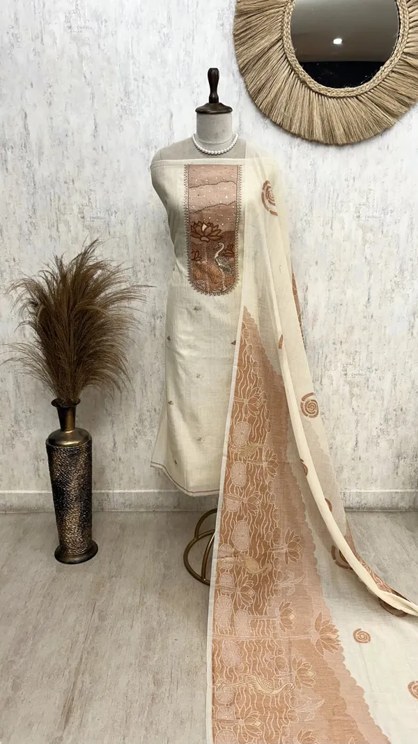 Jamdani_Linen_Unstitched_Suit_Set_With_Sequence_And_Kutdana_Detailing_On_Neckline_Golden_Beige