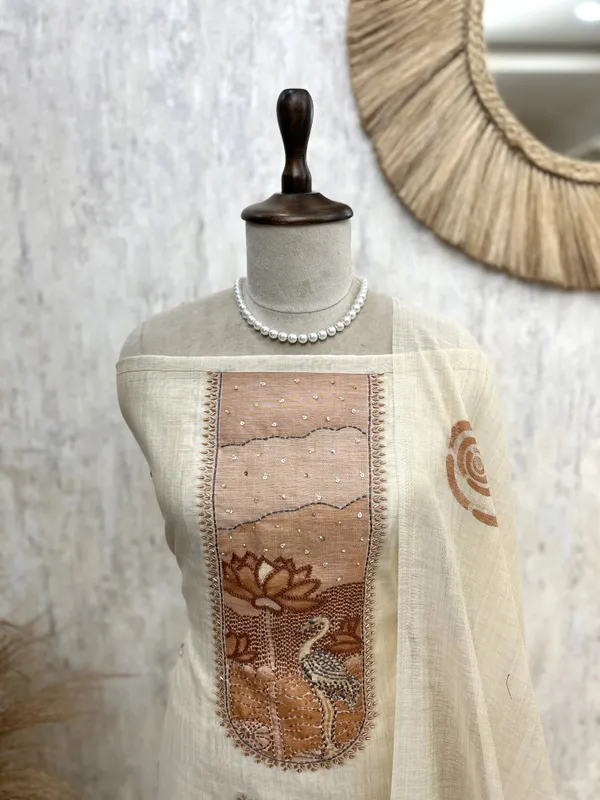Jamdani_Linen_Unstitched_Suit_Set_With_Sequence_And_Kutdana_Detailing_On_Neckline_Golden_Beige