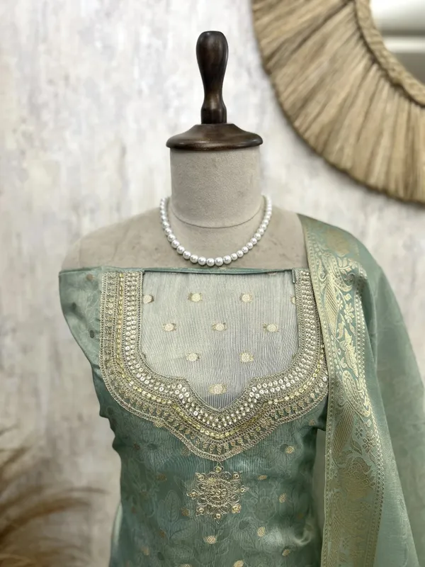 Tissue_Unstitched_Suit_Set_Featuring_Sequence_And_Banarasi_Weaving_Green