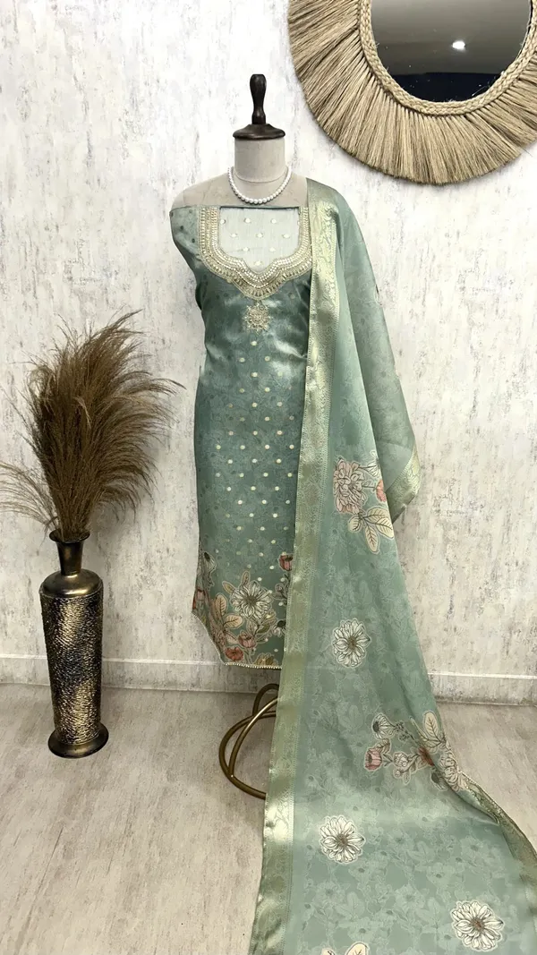 Tissue_Unstitched_Suit_Set_Featuring_Sequence_And_Banarasi_Weaving_Green
