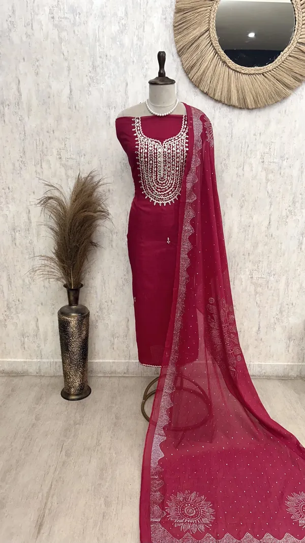 Mul_Chanderi_Unstitched_Suit_Set_Featuring_Mukesh_Work_Red
