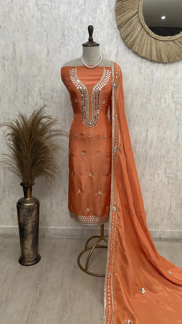 Tissue_Unstitched_Suit_Set_With_Mirror_Work_Orange