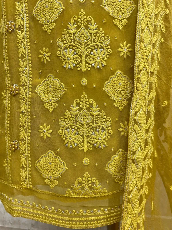 Lucknowi_Chikankari_Pearl_Work_Georgette_Unstitched_Suit_Set_Olive_Yellow