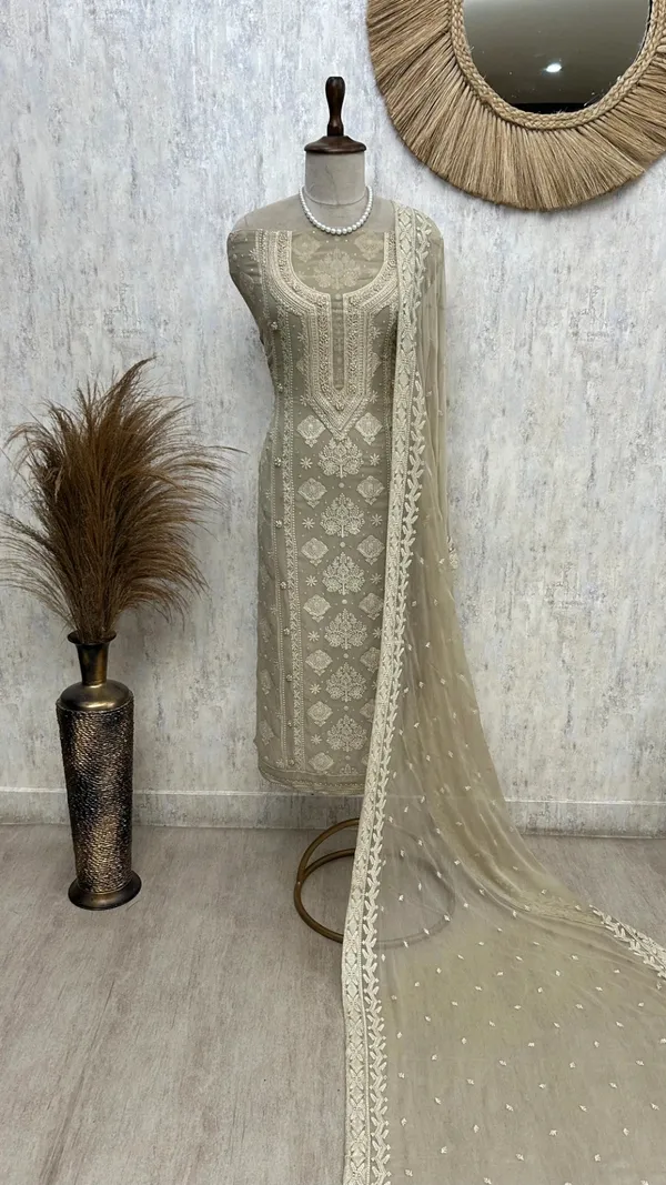 Lucknowi_Chikankari_Pearl_Work_Georgette_Unstitched_Suit_Set_Beige
