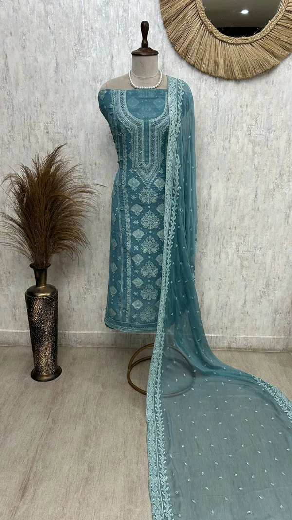 Lucknowi_Chikankari_Pearl_Work_Georgette_Unstitched_Suit_Set_Dark_Turqoise