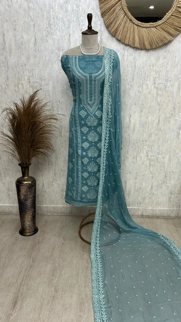 Lucknowi_Chikankari_Pearl_Work_Georgette_Unstitched_Suit_Set_Dark_Turqoise
