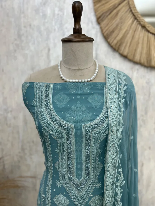 Lucknowi_Chikankari_Pearl_Work_Georgette_Unstitched_Suit_Set_Dark_Turqoise