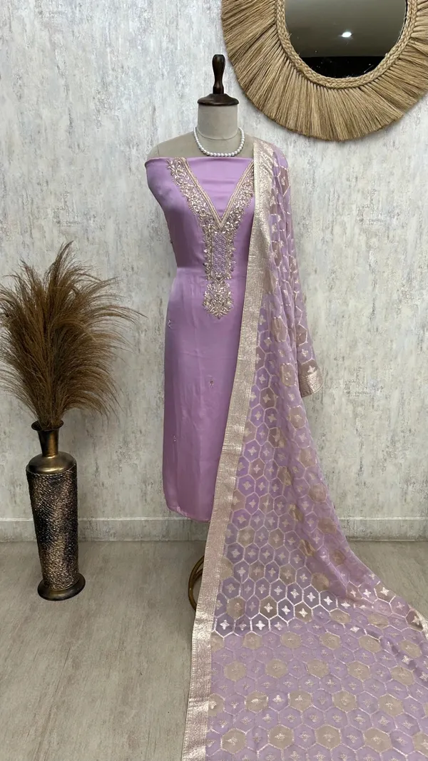 Tissue_Silk_Unstitched_Suit_Set_With_Embroidered_V_Neck_Purple