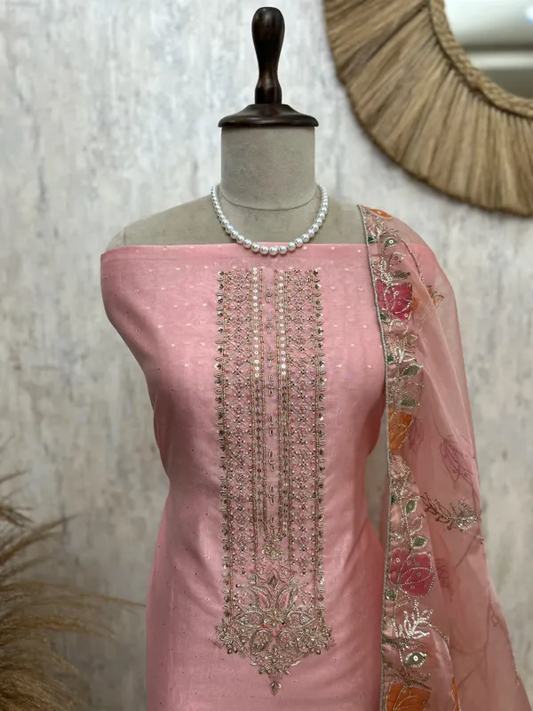 Maheshwari_Unstitched_Suit_Set_With_Embroidered_Necktie_Peach_Pink