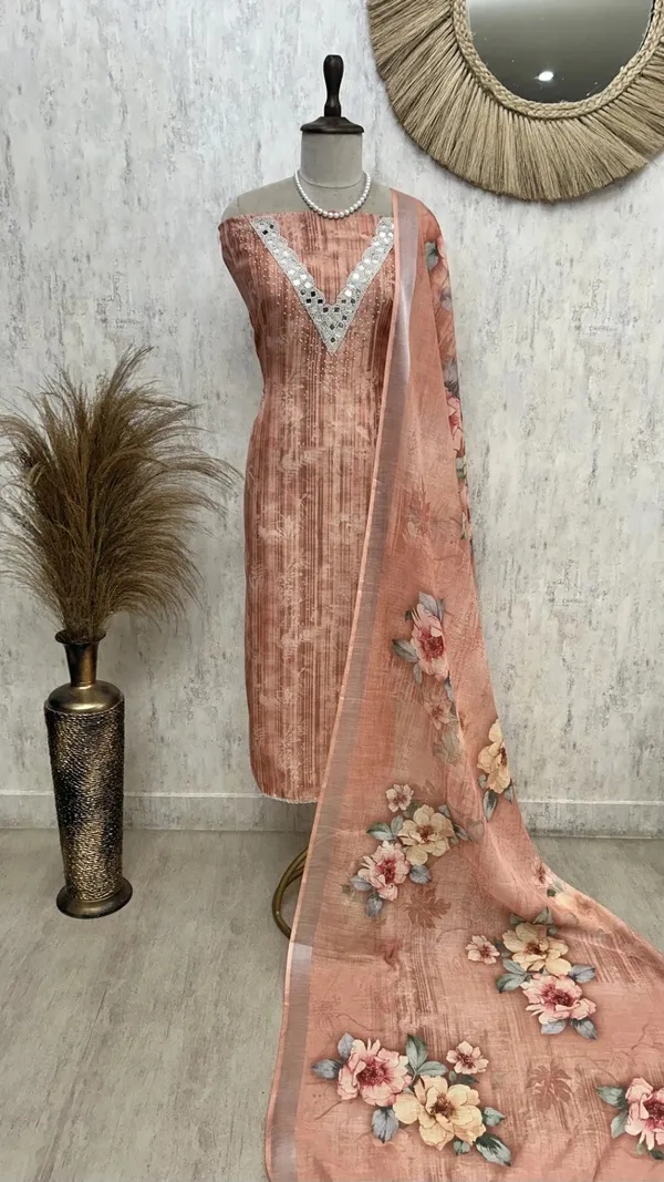 Linen_Unstitched_Suit_Set_With_Mirror_Work_Butterscotch_Orange