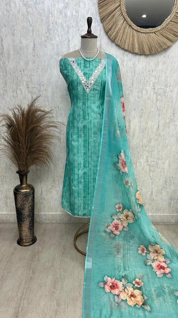 Linen_Unstitched_Suit_Set_With_Mirror_Work_Teal_Green