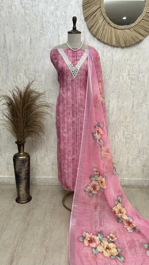 Linen_Unstitched_Suit_Set_With_Mirror_Work_Dark_Pink