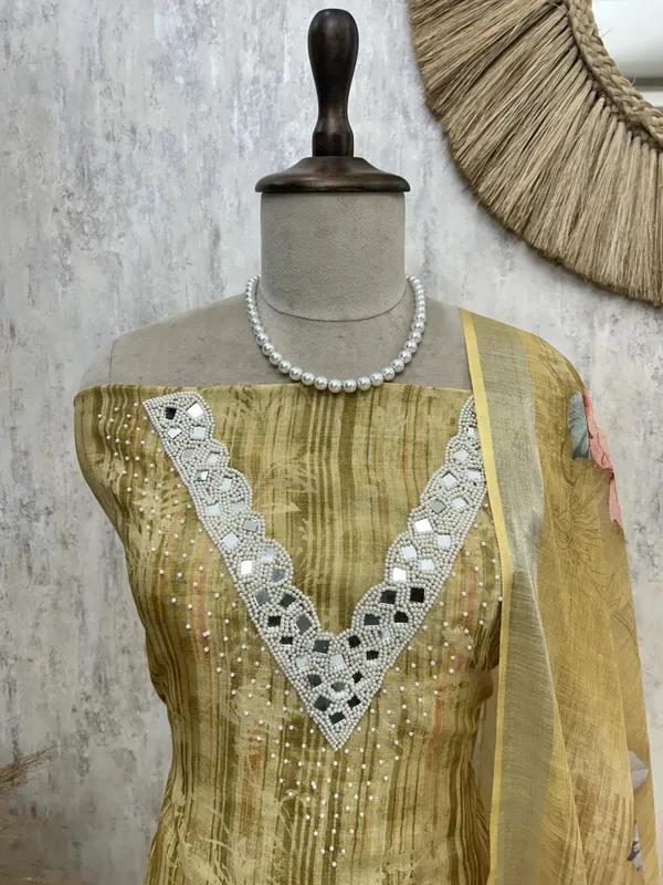 Linen_Unstitched_Suit_Set_With_Mirror_Work_Yellow