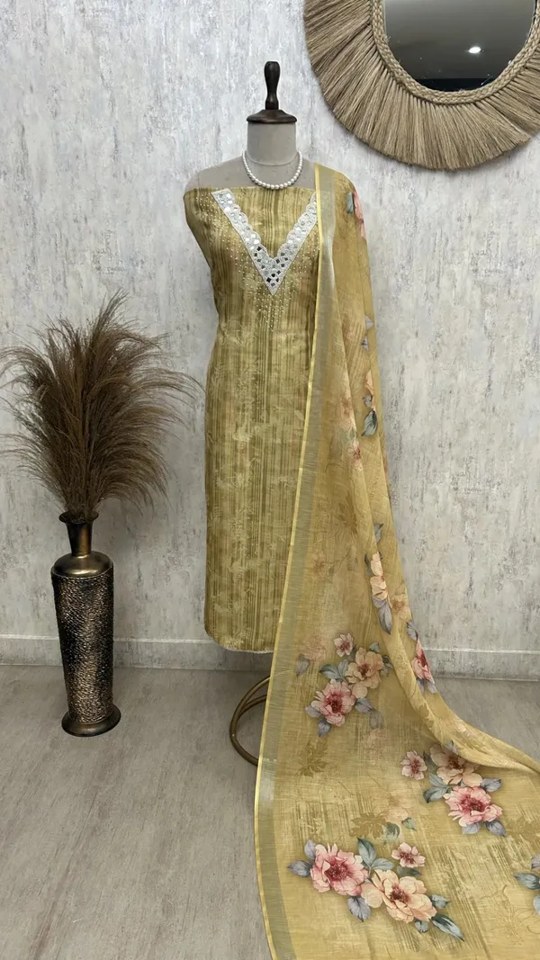 Linen_Unstitched_Suit_Set_With_Mirror_Work_Yellow