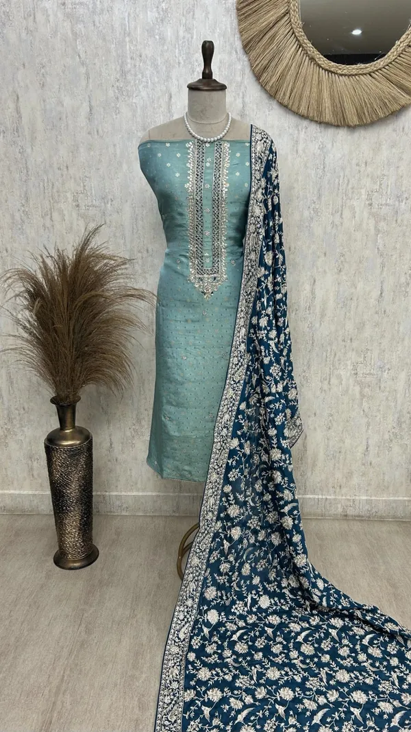 Tissue_Silk_Unstitched_Suit_Set_With_Parsi_Dupatta_Dark_Turqoise