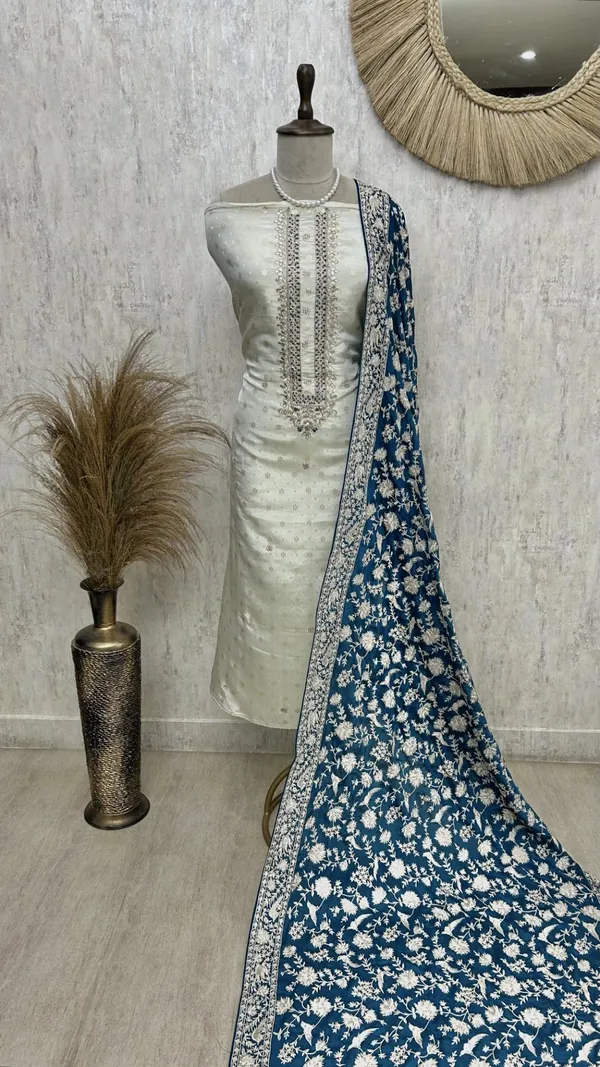 Tissue_Silk_Unstitched_Suit_Set_With_Contrast_Dupatta_Dark_Turqoise