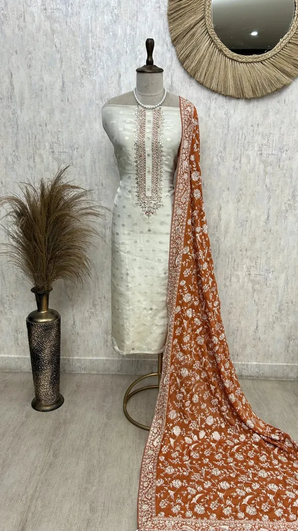 Tissue_Silk_Unstitched_Suit_Set_With_Contrast_Dupatta_Orange