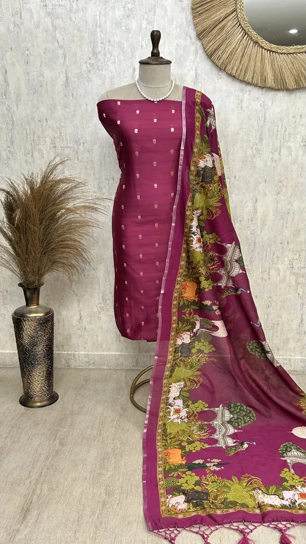 Chanderi_Unstitched_Suit_Set_With_Printed_Dupatta_Dark_Magenta
