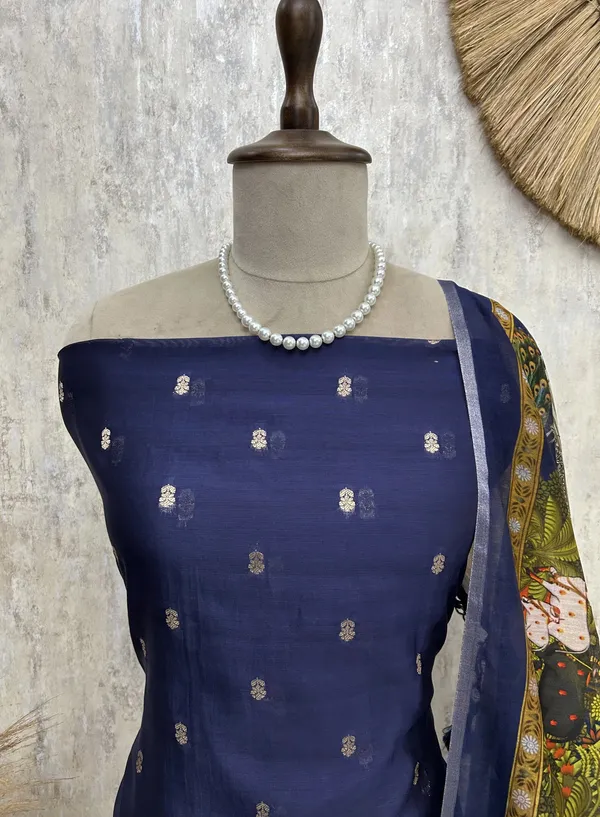 Chanderi_Unstitched_Suit_Set_With_Printed_Dupatta_Dark_Indigo_Blue