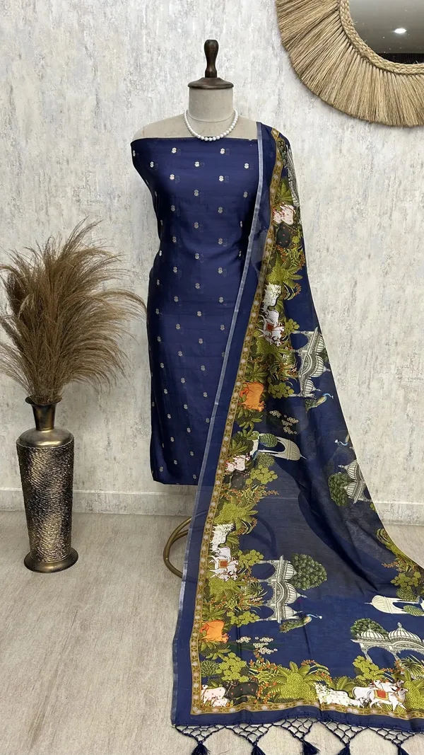 Chanderi_Unstitched_Suit_Set_With_Printed_Dupatta_Dark_Indigo_Blue