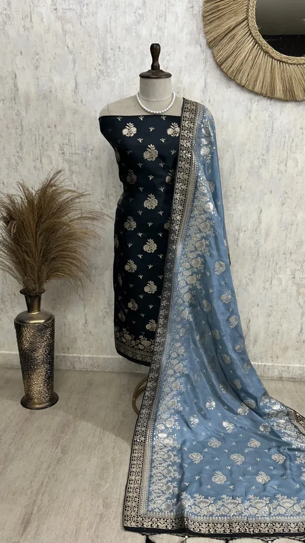 Banarasi_Silk_Unstitched_Suit_Set_Black