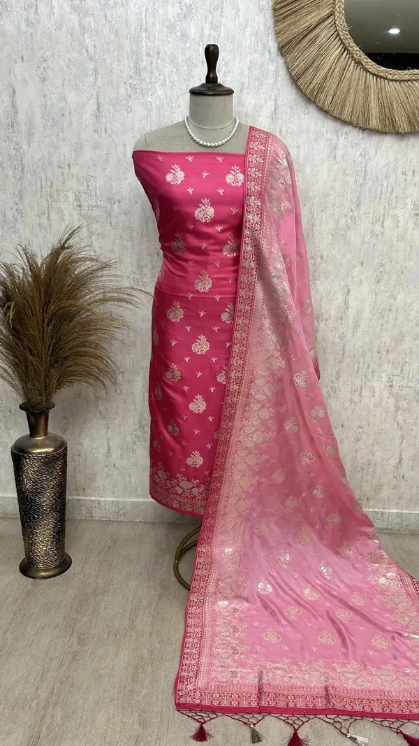 Banarasi_Silk_Unstitched_Suit_Set_Hot_Pink