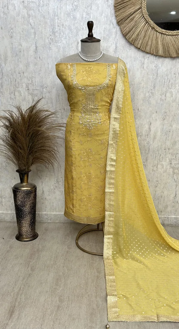 Zardozi_Neckline_Organza_Unstitched_Suit_Set_Yellow