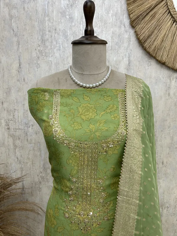 Zardozi_Neckline_Organza_Unstitched_Suit_Set_Green