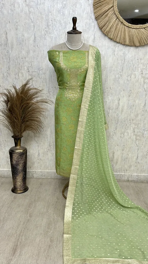 Zardozi_Neckline_Organza_Unstitched_Suit_Set_Green