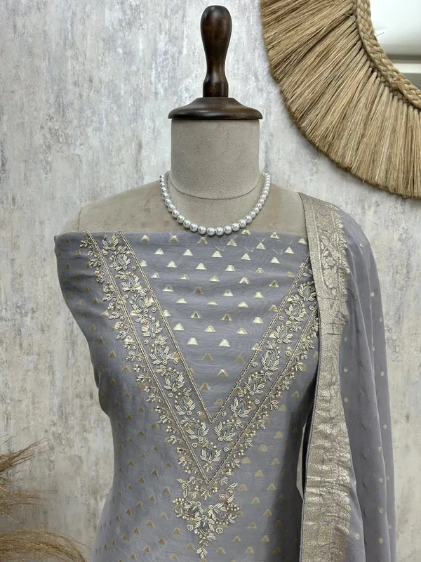 Maheshwari_Unstitched_Suit_Set_With_Zardozi_Work_On_Neckline_Gray_1