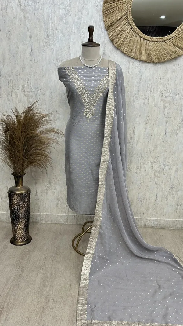Maheshwari_Unstitched_Suit_Set_With_Zardozi_Work_On_Neckline_Gray_1
