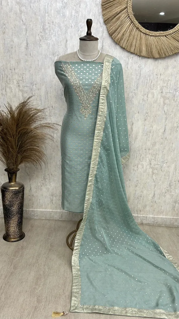 Maheshwari_Unstitched_Suit_Set_With_Zardozi_Work_On_Neckline_Persian_Green