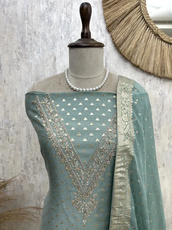 Maheshwari_Unstitched_Suit_Set_With_Zardozi_Work_On_Neckline_Persian_Green