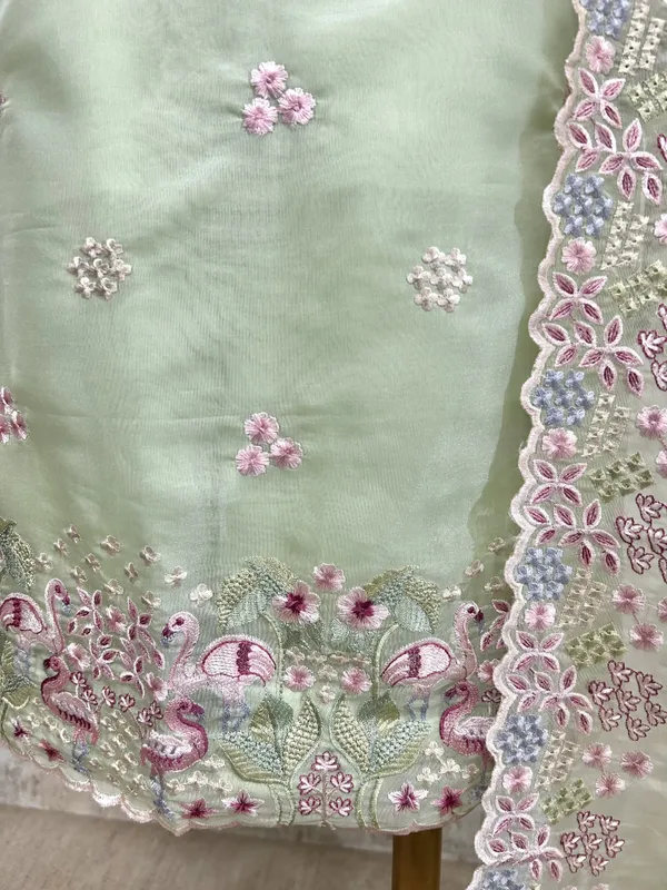 Organza_Unstitched_Suit_Set_With_Thread_Work_Flamingo_Motif_Light_Green_1