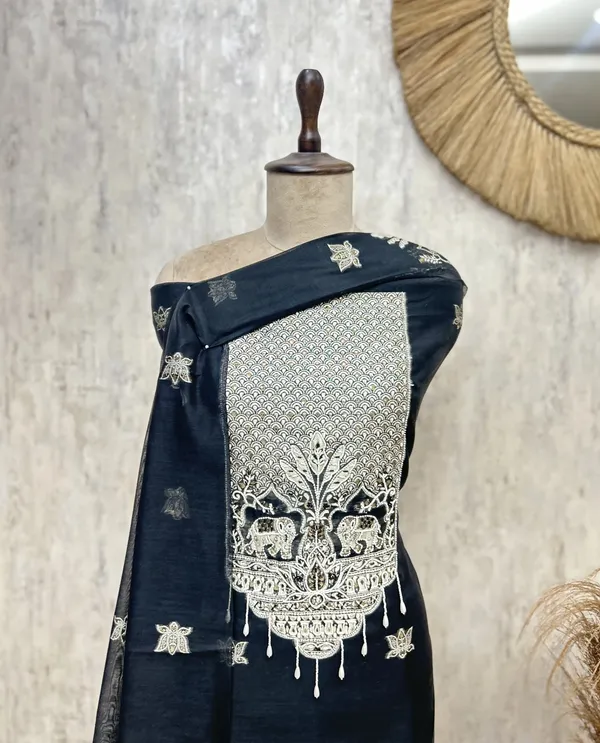 Fine_Cotton_Chanderi_Unstitched_Suit_With_Elephant_Motifs_Black
