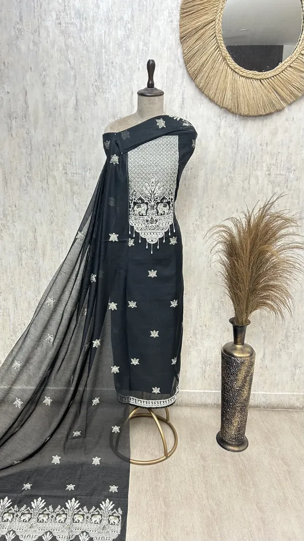 Fine_Cotton_Chanderi_Unstitched_Suit_With_Elephant_Motifs_Black