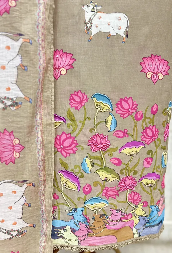 The_Pichwai_Lotus_Mul_Chanderi_Unstitched_Suit_Beige
