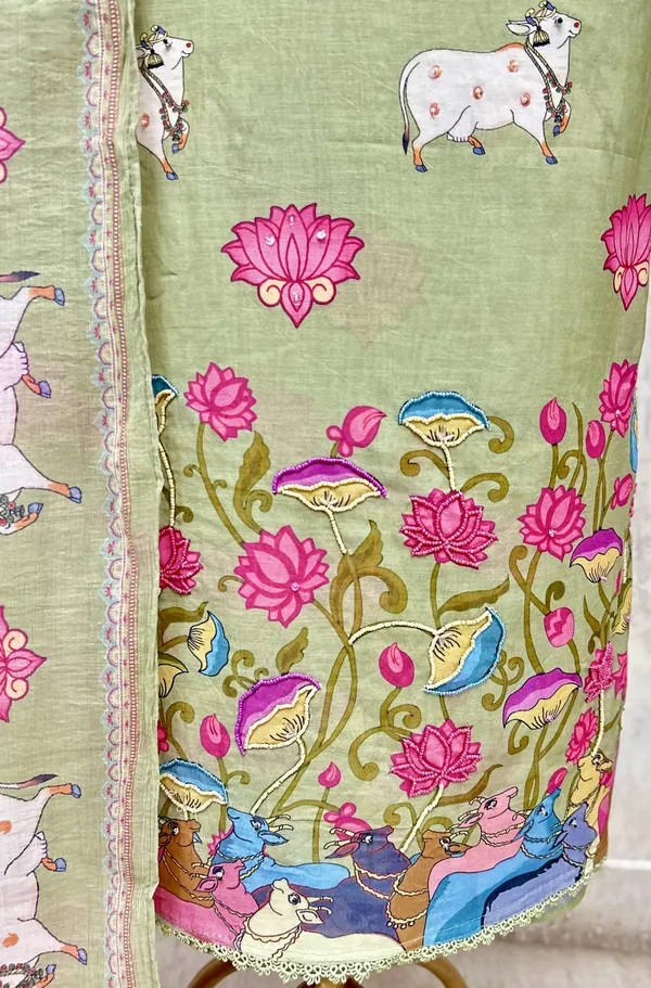 The_Pichwai_Lotus_Mul_Chanderi_Unstitched_Suit_Lime_Green