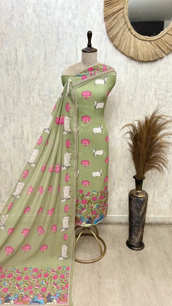 The_Pichwai_Lotus_Mul_Chanderi_Unstitched_Suit_Lime_Green