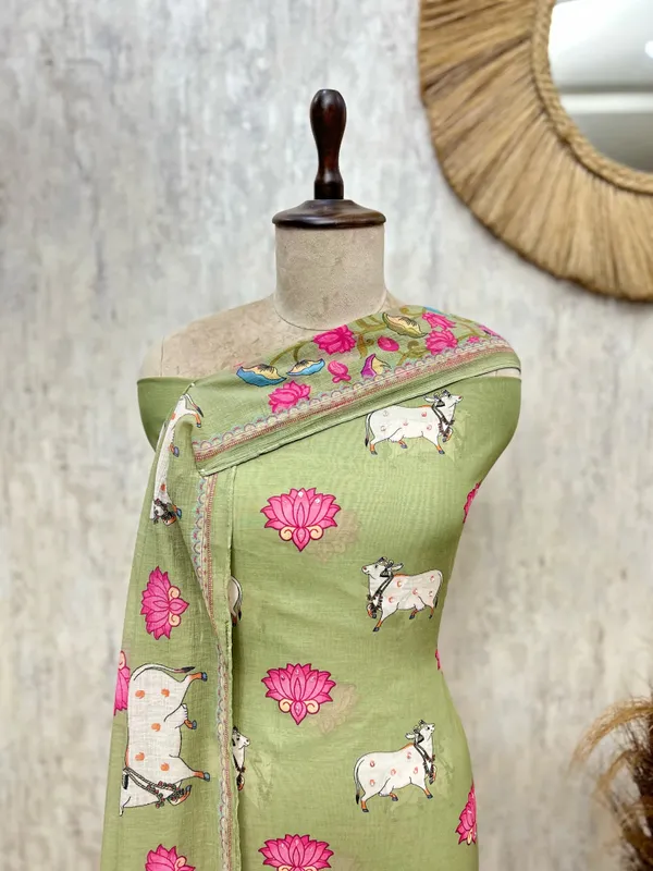 The_Pichwai_Lotus_Mul_Chanderi_Unstitched_Suit_Lime_Green