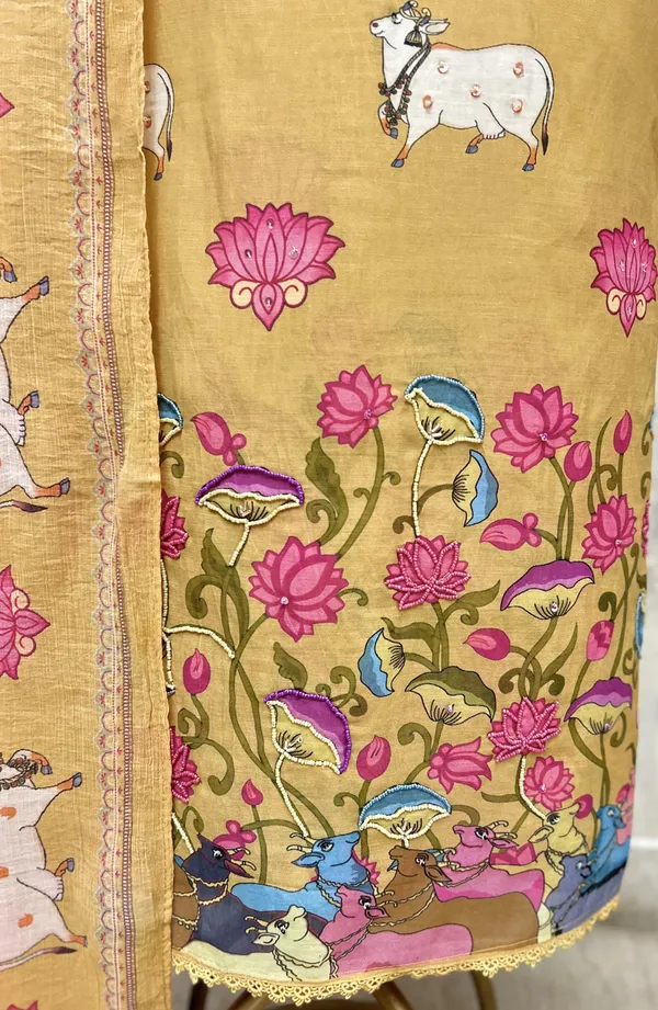 The_Pichwai_Lotus_Mul_Chanderi_Unstitched_Suit_Mustard_Yellow