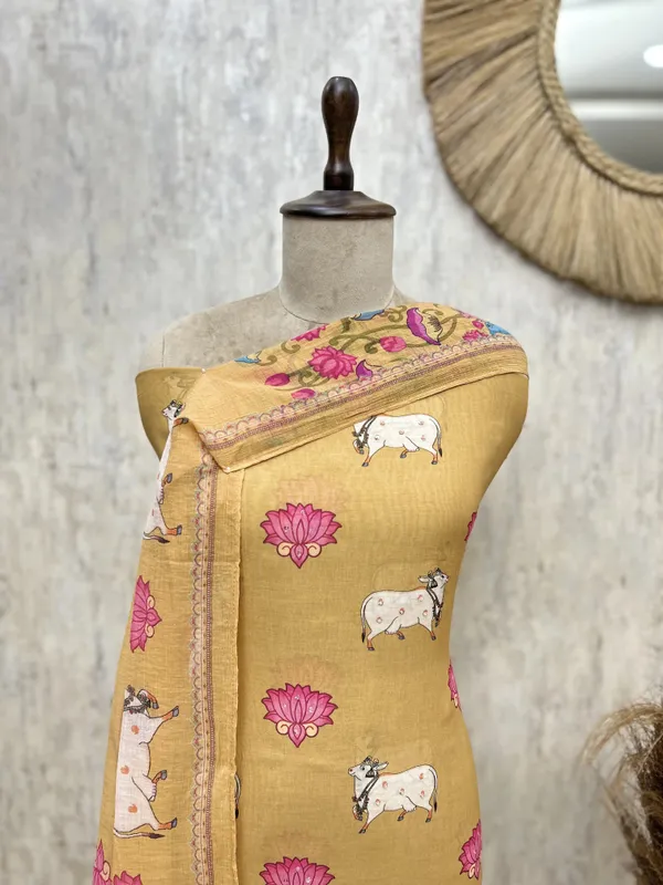 The_Pichwai_Lotus_Mul_Chanderi_Unstitched_Suit_Mustard_Yellow