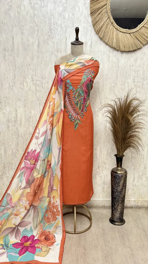 Bloomscape_Mul_Chanderi_Unstitched_Suit_Orange