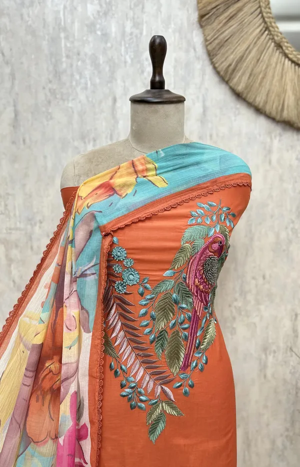 Bloomscape_Mul_Chanderi_Unstitched_Suit_Orange