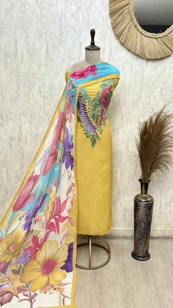 Bloomscape_Mul_Chanderi_Unstitched_Suit_Yellow