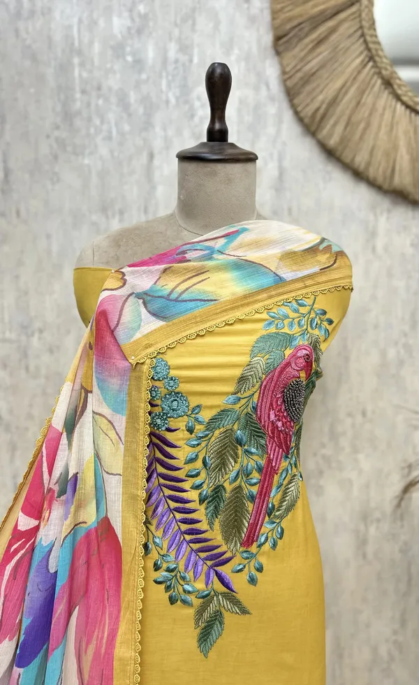 Bloomscape_Mul_Chanderi_Unstitched_Suit_Yellow