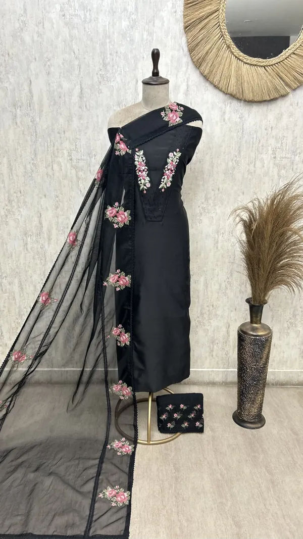 The_V_Patti_Lacework_70_Gram_Pure_Chanderi_Unstitched_Suits_Black