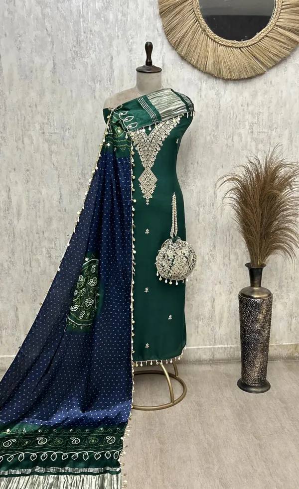 Traditional_Bandhej_Print_Fine_Embroidered_Russian_Silk_Unstitched_Suit_Teal_Green